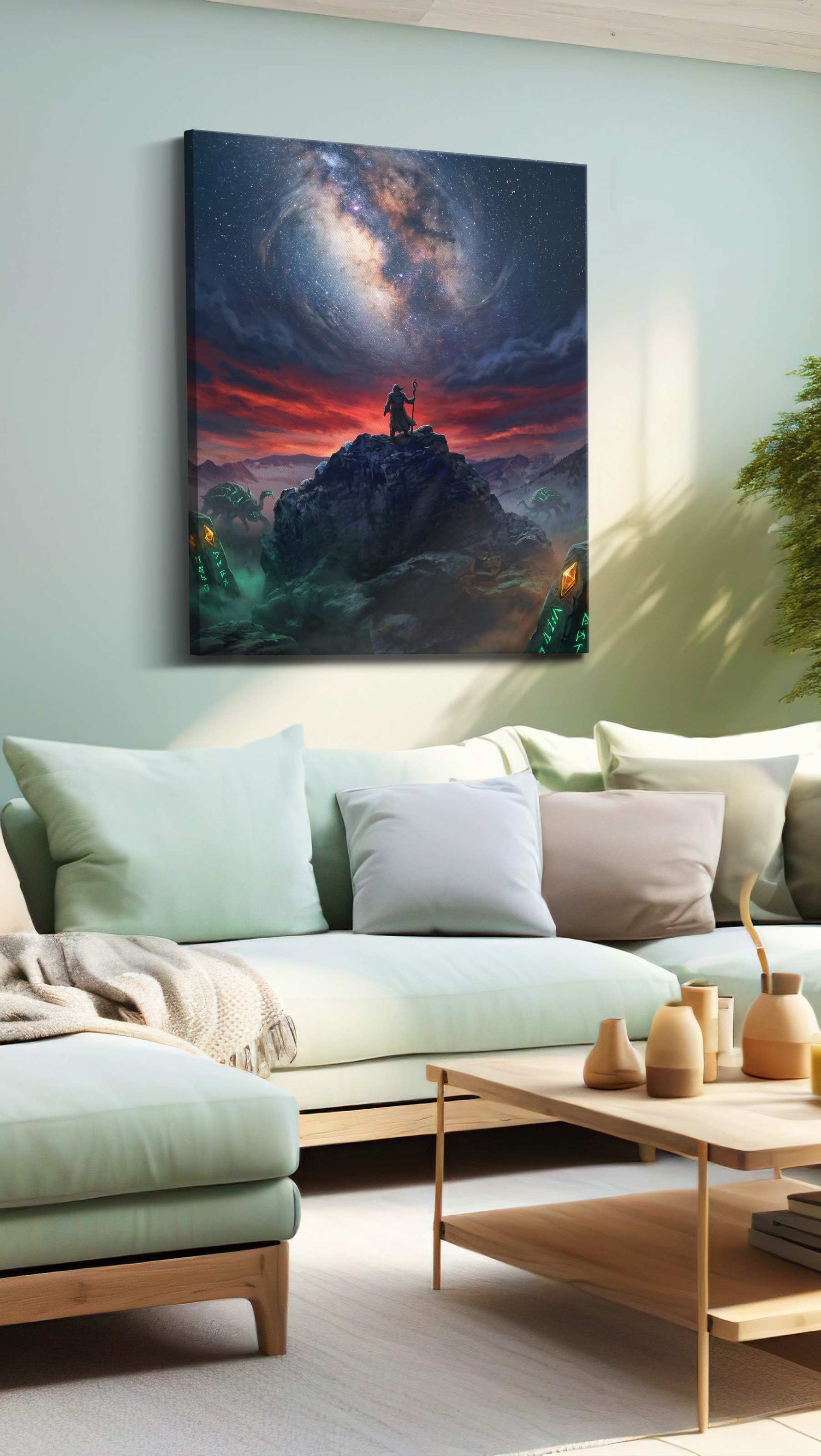 Runes Beneath the Starforge fantasy canvas wall art shown in a wall scene