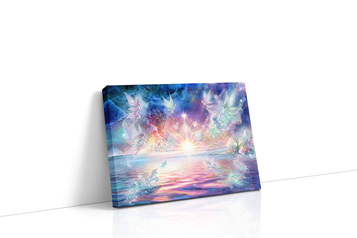 Starlit Fae Lagoon fantasy canvas wall art displayed above a sofa in a modern living room