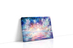 Starlit Fae Lagoon fantasy canvas wall art displayed above a sofa in a modern living room