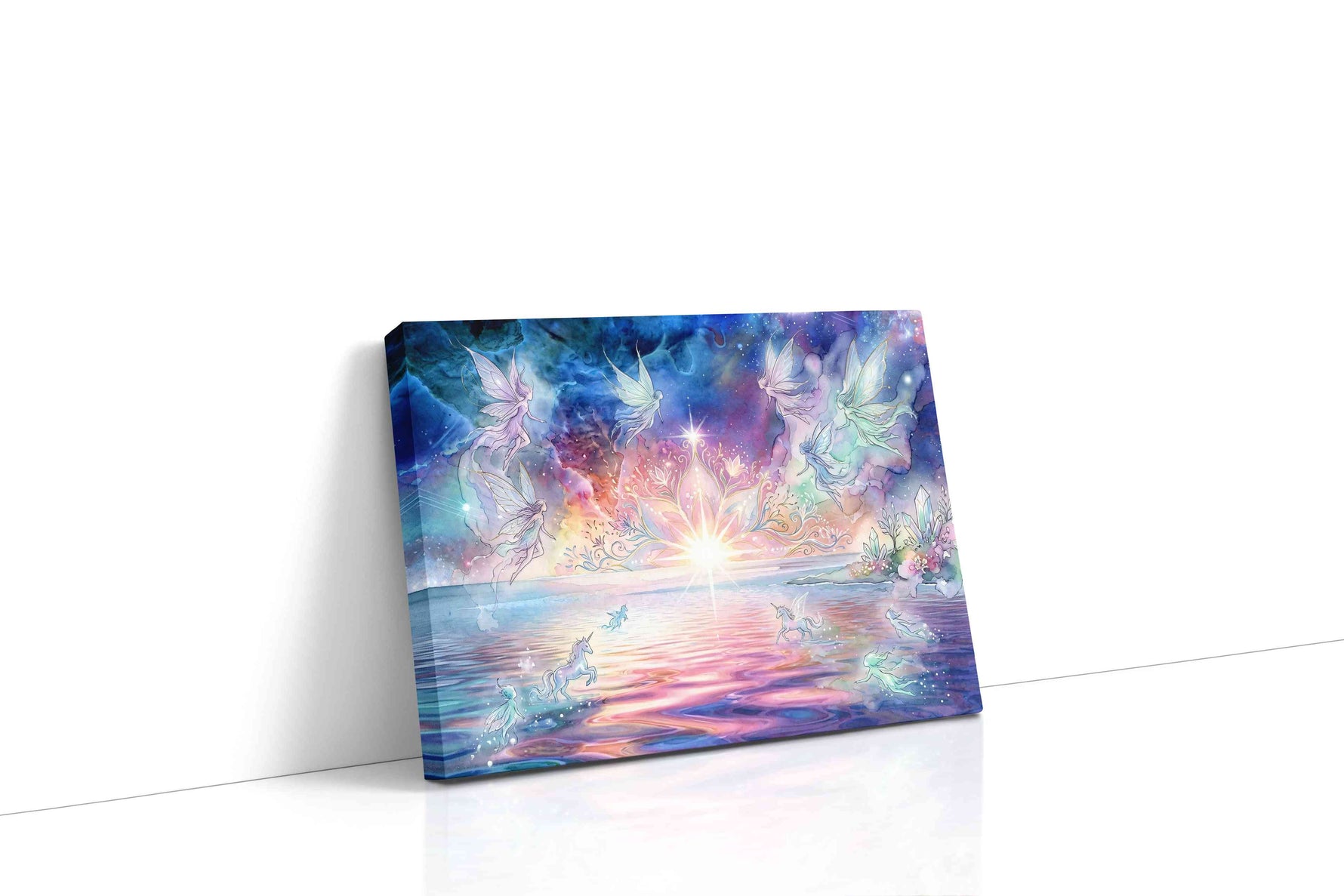 Starlit Fae Lagoon fantasy canvas wall art displayed above a sofa in a modern living room