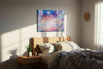 Starlit Fae Lagoon fantasy canvas wall art displayed above a bed in a styled bedroom scene