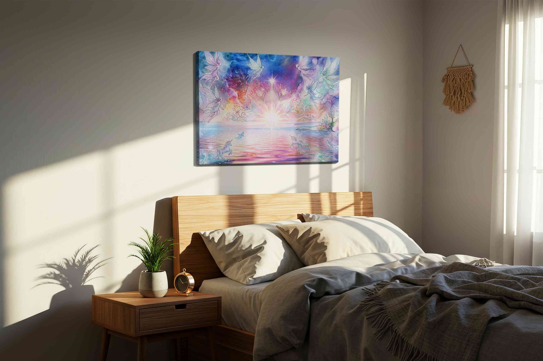 Starlit Fae Lagoon fantasy canvas wall art displayed above a bed in a styled bedroom scene