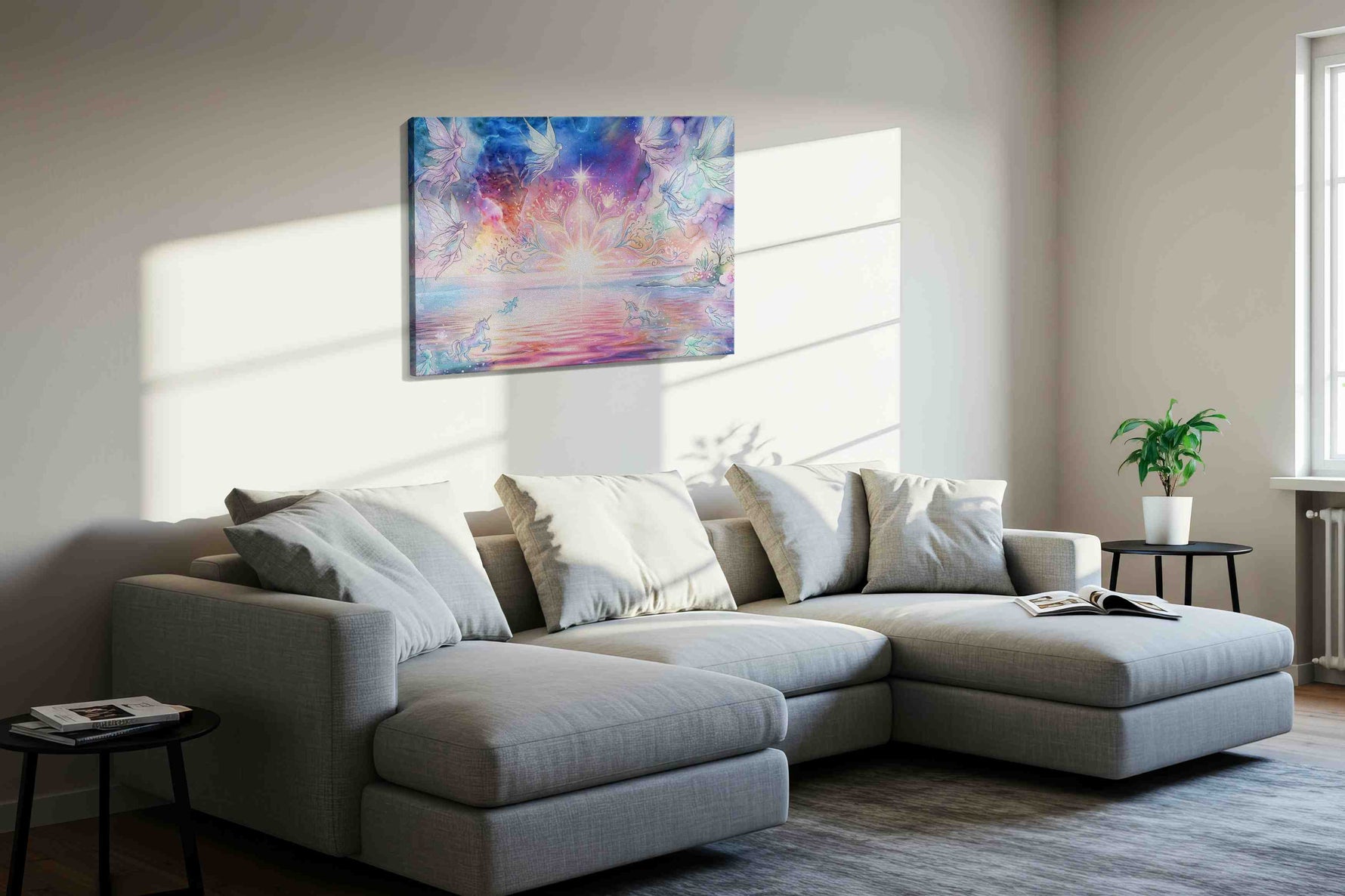 Starlit Fae Lagoon fantasy canvas wall art displayed above a bed in a contemporary bedroom