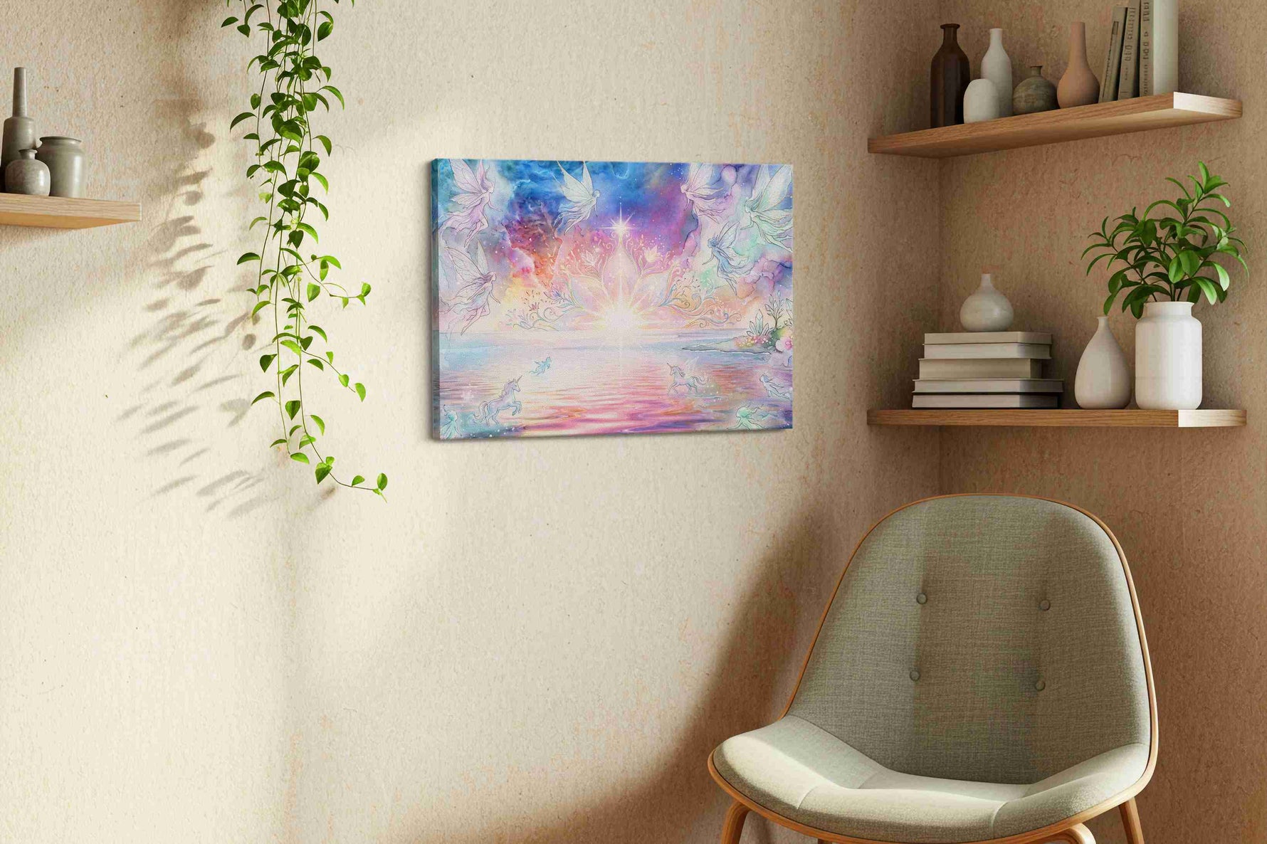 Starlit Fae Lagoon fantasy canvas wall art displayed above a sofa in a styled living room scene