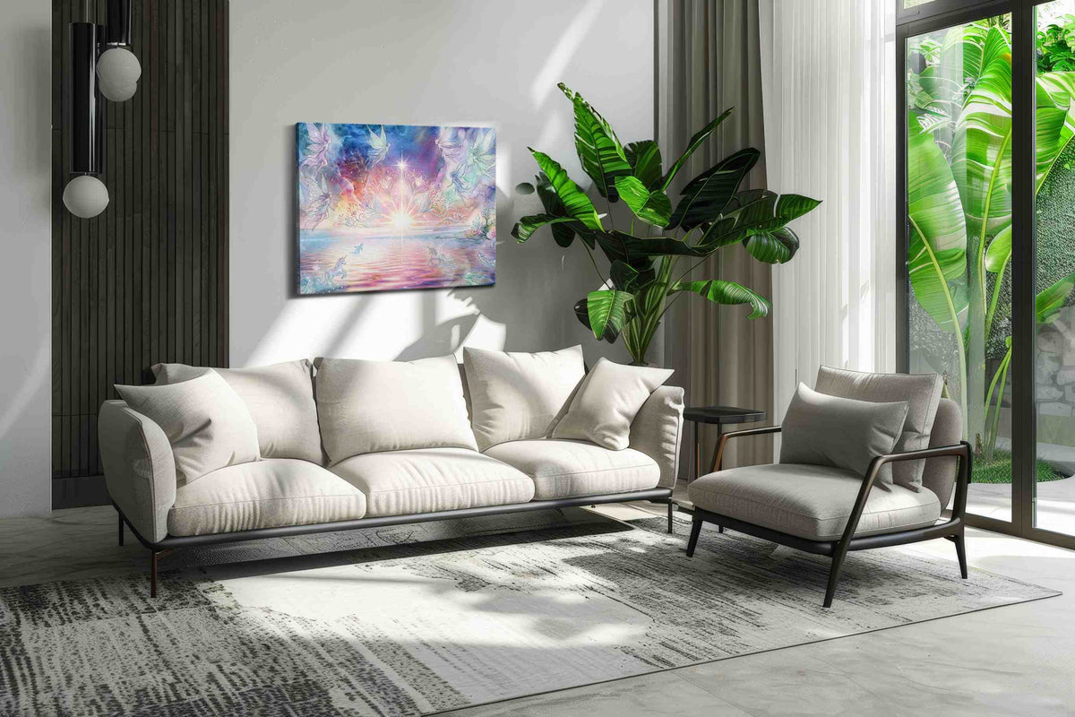Starlit Fae Lagoon fantasy canvas wall art in a modern interior mockup