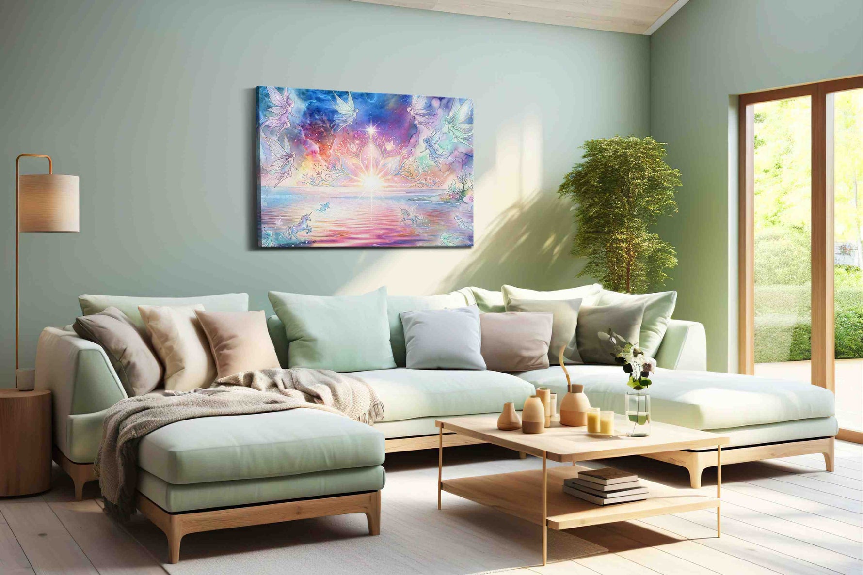 Starlit Fae Lagoon fantasy canvas wall art shown hanging in a styled interior