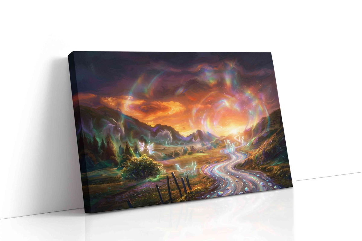 Starlit Path of Spirits fantasy canvas wall art displayed above a sofa in a modern living room