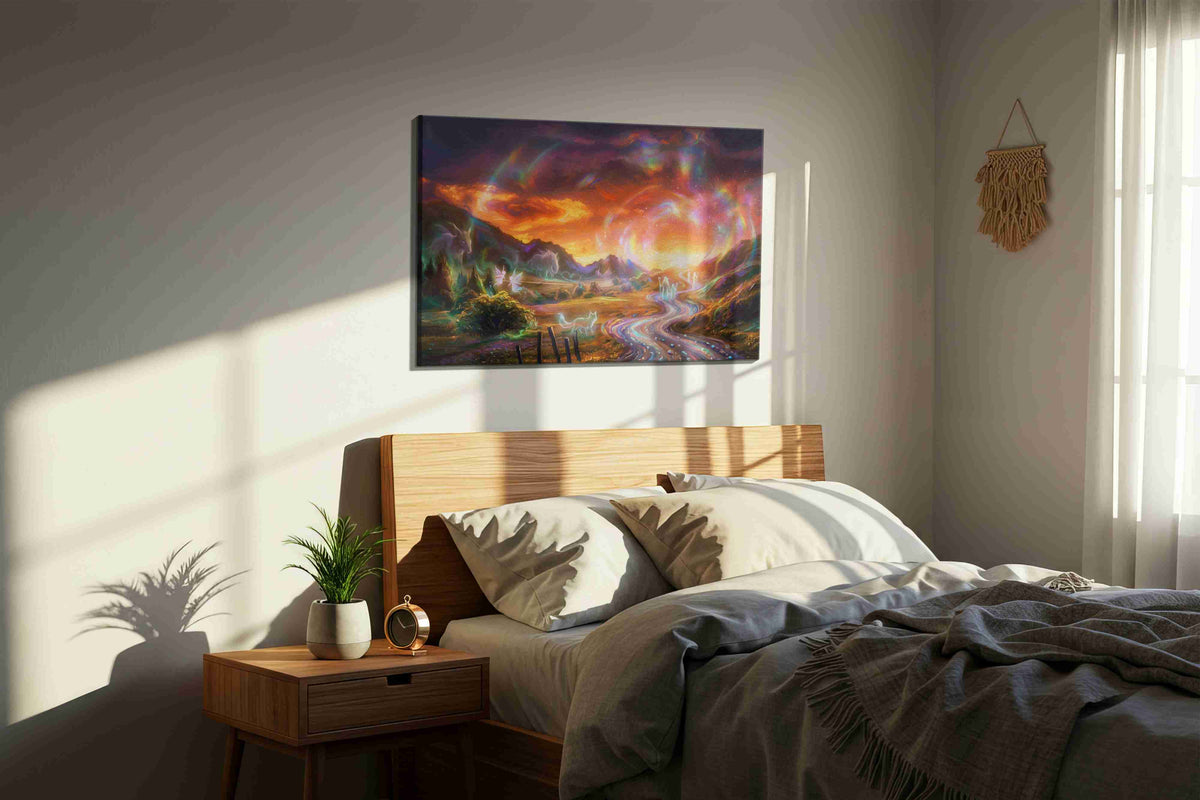 Starlit Path of Spirits fantasy canvas wall art displayed above a bed in a styled bedroom scene