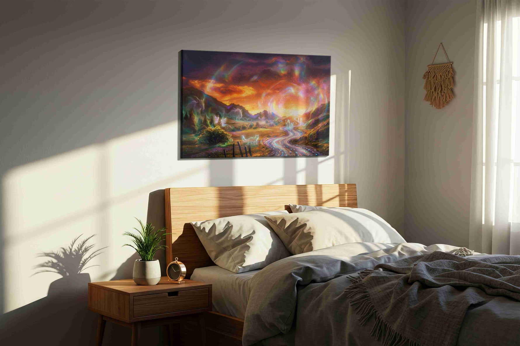 Starlit Path of Spirits fantasy canvas wall art displayed above a bed in a styled bedroom scene
