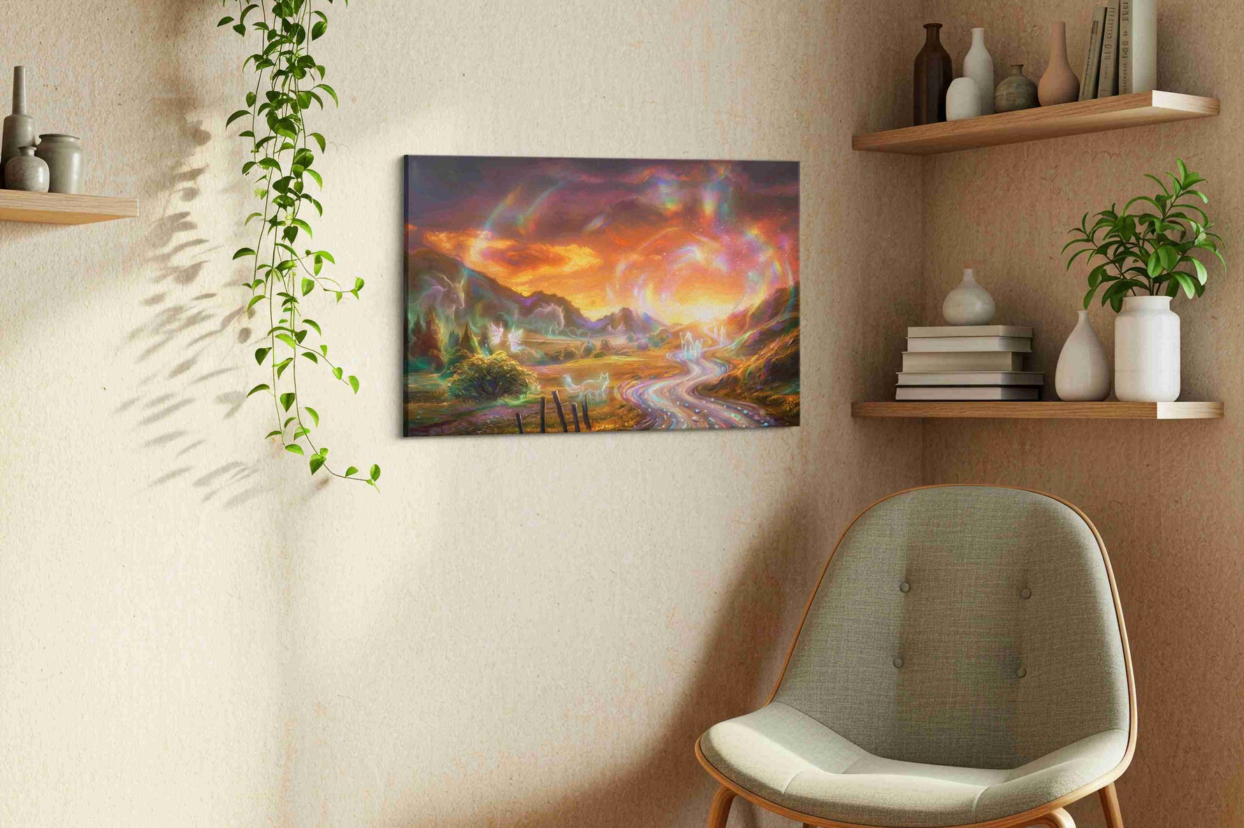 Starlit Path of Spirits fantasy canvas wall art styled in a living room