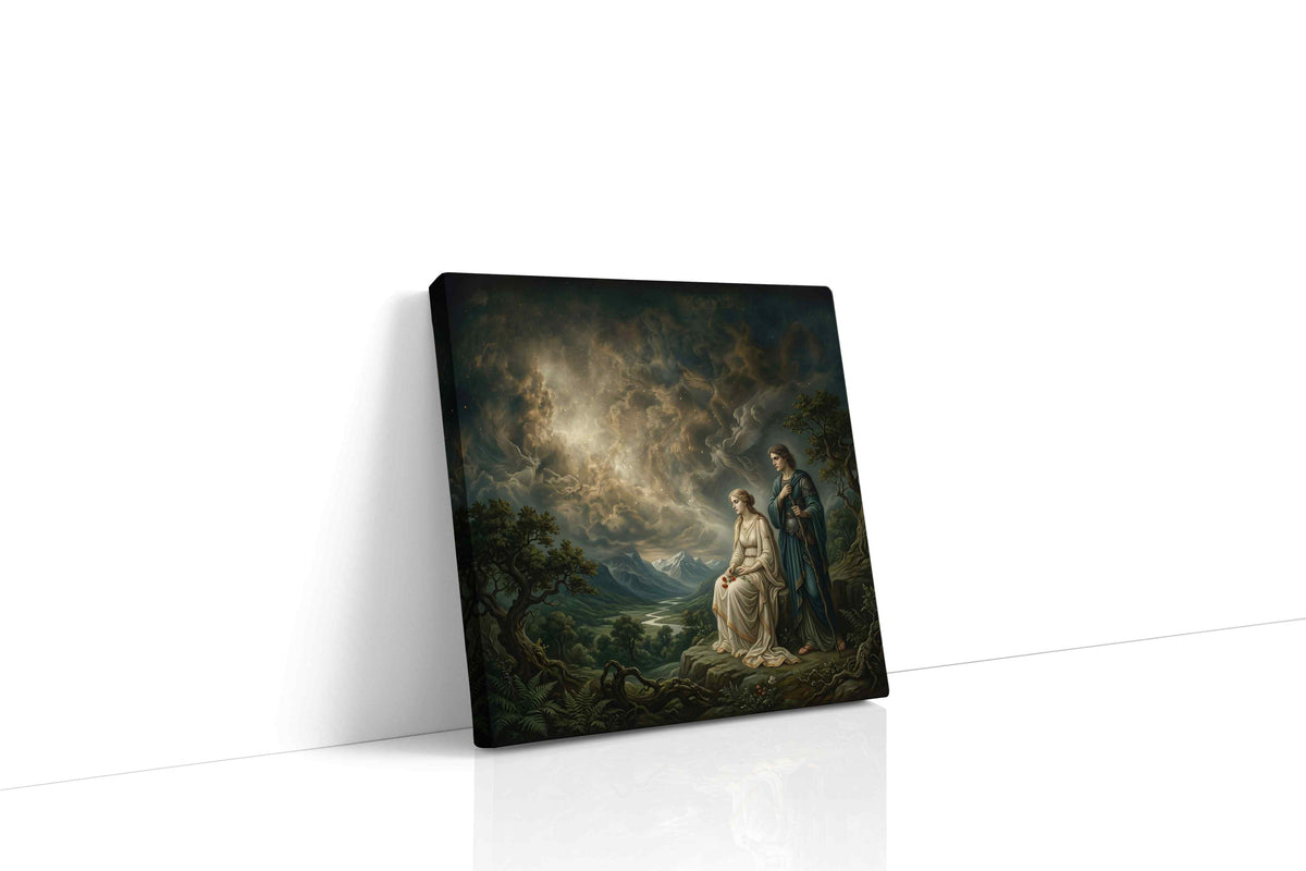 Under the Omens of Stars fantasy canvas wall art displayed above a bed in a contemporary bedroom