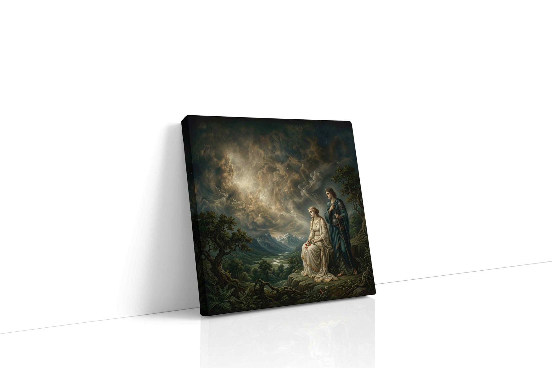 Under the Omens of Stars fantasy canvas wall art displayed above a bed in a contemporary bedroom
