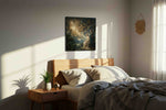 Under the Omens of Stars fantasy canvas wall art displayed above a bed in a styled bedroom scene
