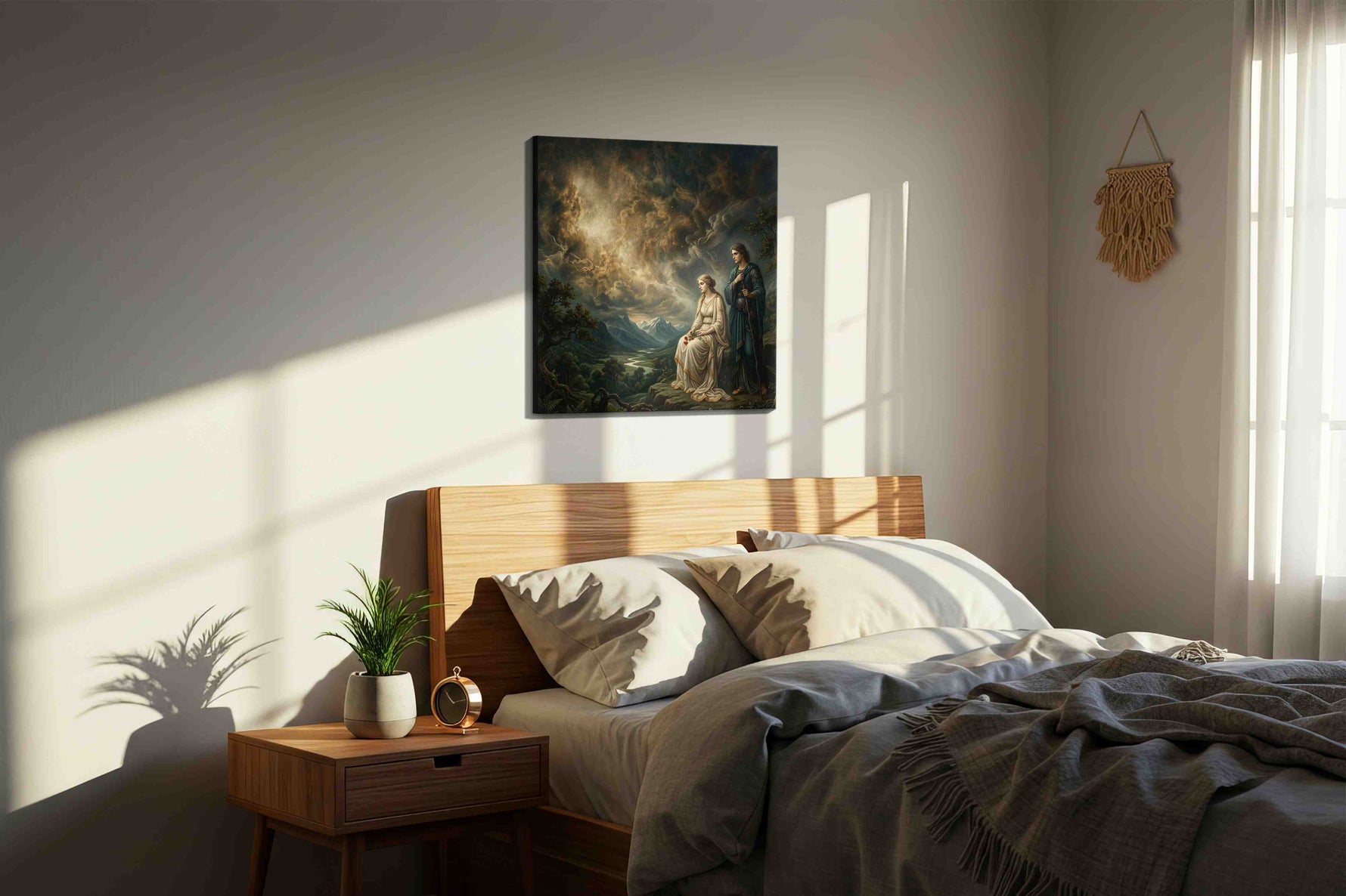 Under the Omens of Stars fantasy canvas wall art displayed above a bed in a styled bedroom scene