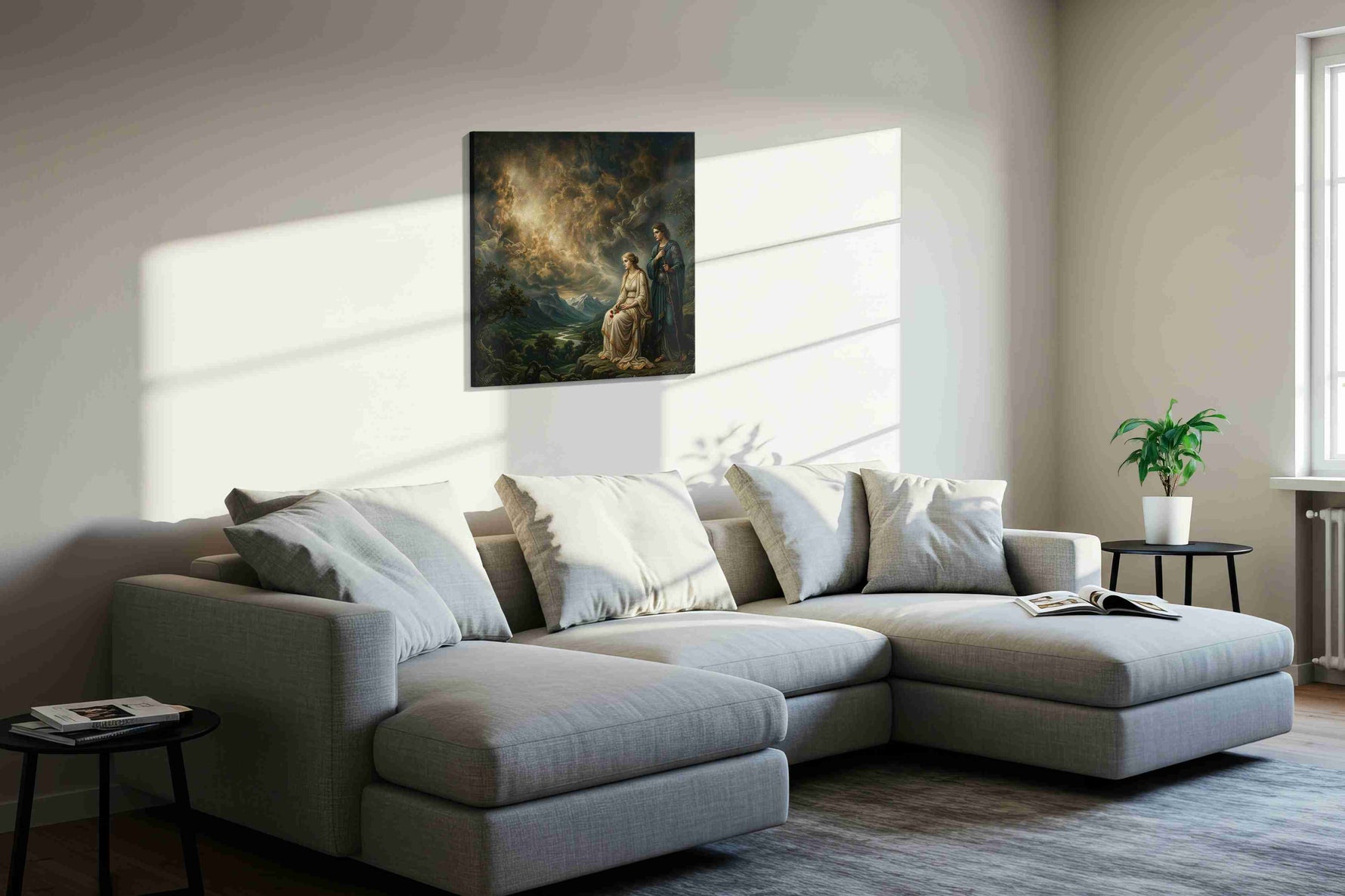 Under the Omens of Stars fantasy canvas wall art displayed above a sofa in a styled living room scene