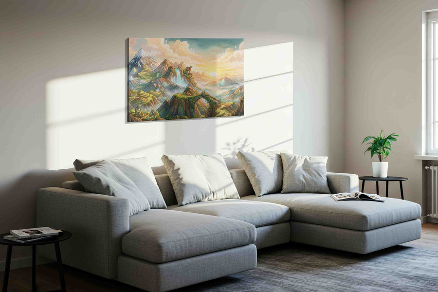 Where Sky Spirits Wander fantasy canvas wall art displayed above a sofa in a styled living room scene
