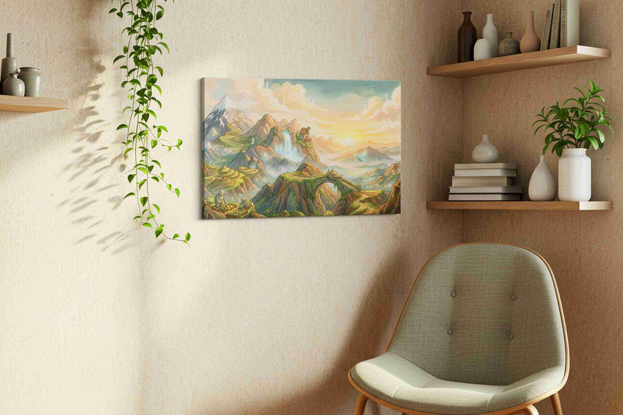 Where Sky Spirits Wander fantasy canvas wall art styled in a living room