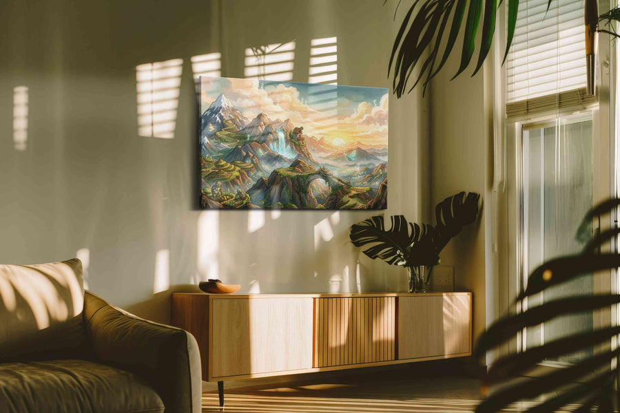 Where Sky Spirits Wander fantasy canvas wall art shown hanging in a sleek modern interior