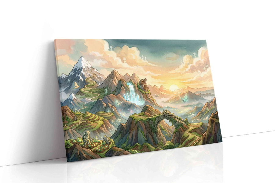 Where Sky Spirits Wander fantasy canvas wall art displayed above a bed in a contemporary bedroom