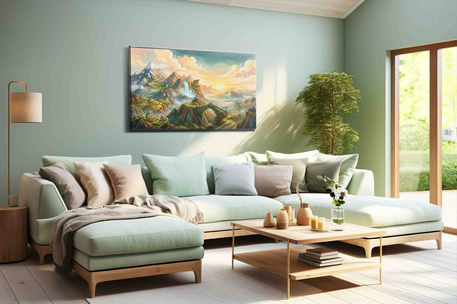 Where Sky Spirits Wander fantasy canvas wall art displayed above a sofa in a modern living room