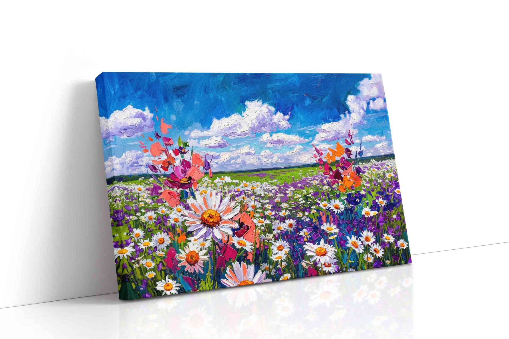 Cobalt Skyflower Reverie canvas wall art displayed above a sofa in a modern living room