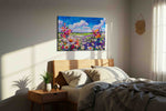 Cobalt Skyflower Reverie canvas wall art displayed above a bed in a styled bedroom scene