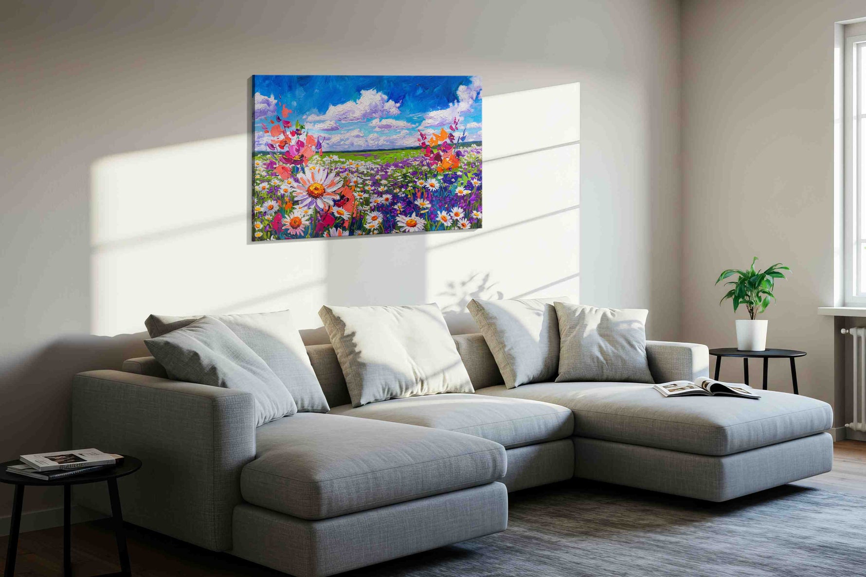 Cobalt Skyflower Reverie canvas wall art displayed above a sofa in a styled living room scene