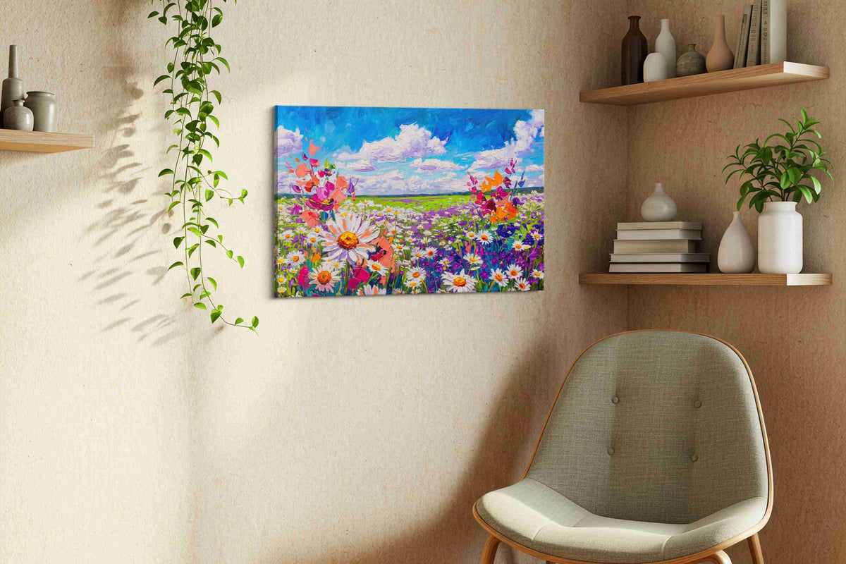 Cobalt Skyflower Reverie canvas wall art styled in a living room