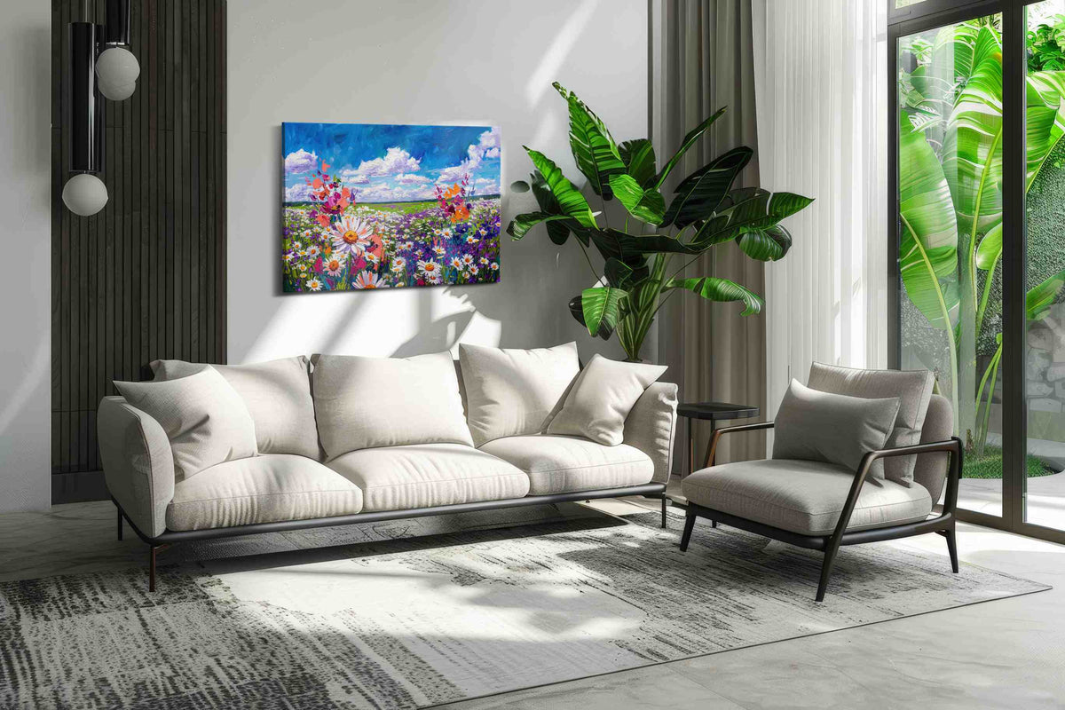 Cobalt Skyflower Reverie canvas wall art shown hanging in a styled interior