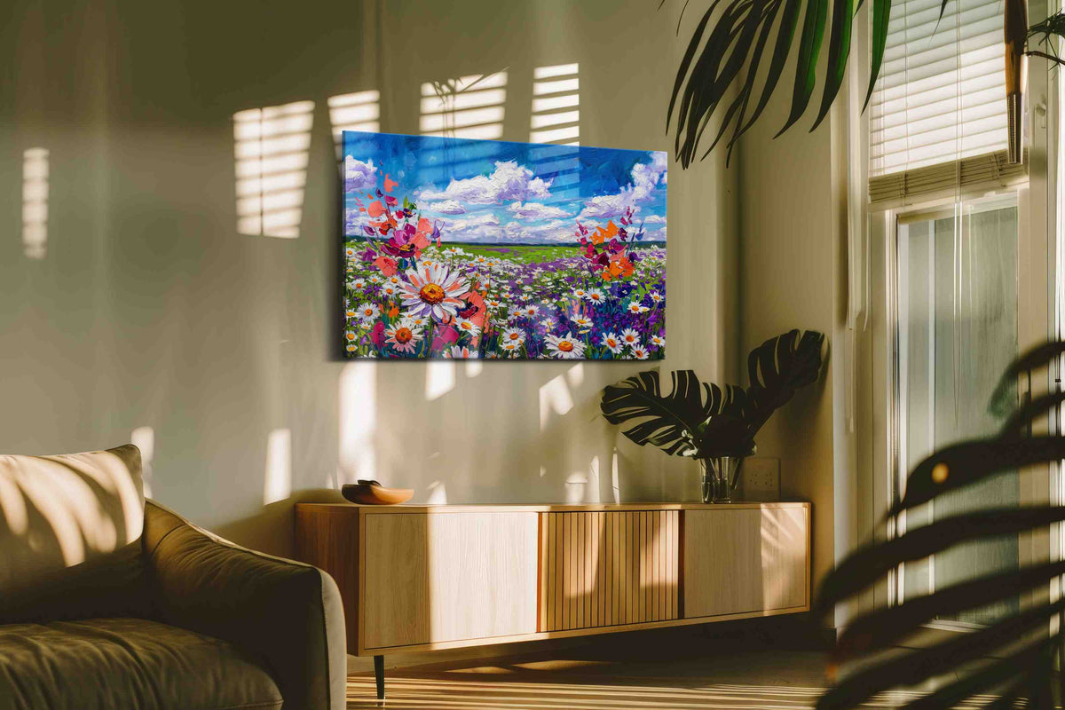 Cobalt Skyflower Reverie canvas wall art displayed above a bed in a contemporary bedroom
