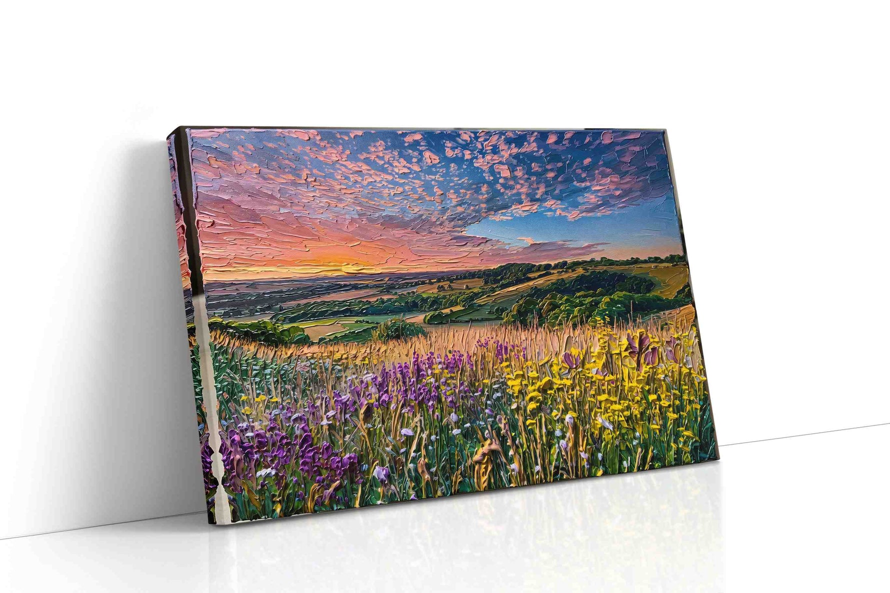 Petalfire Over the Vale canvas wall art displayed above a sofa in a modern living room