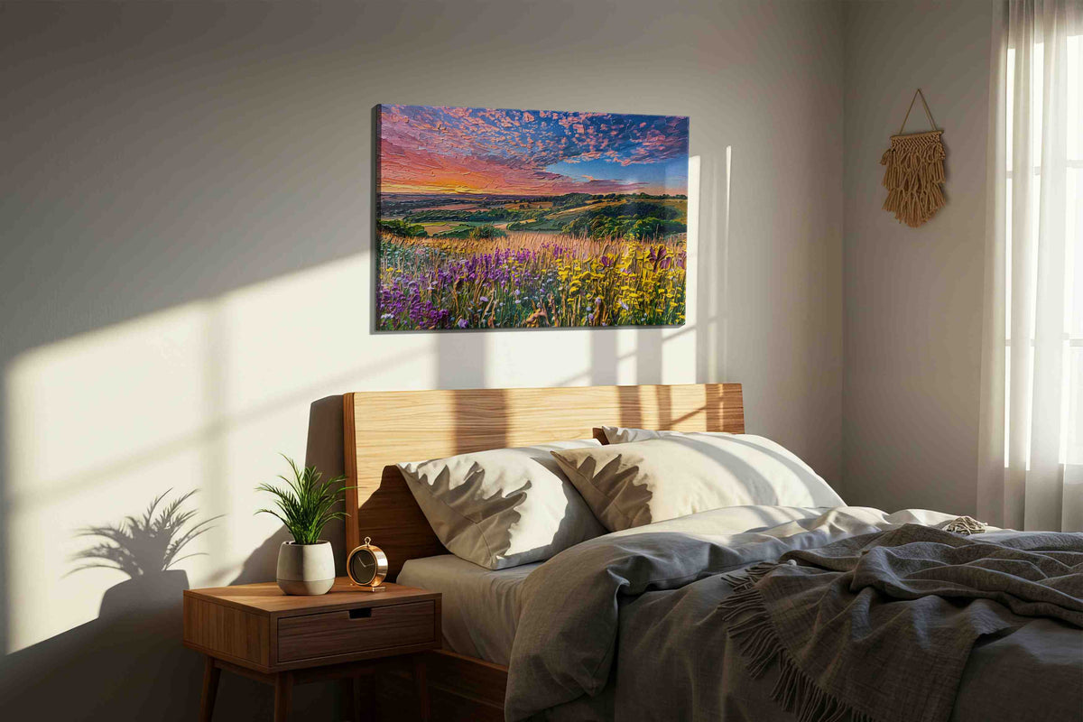 Petalfire Over the Vale canvas wall art displayed above a bed in a styled bedroom scene