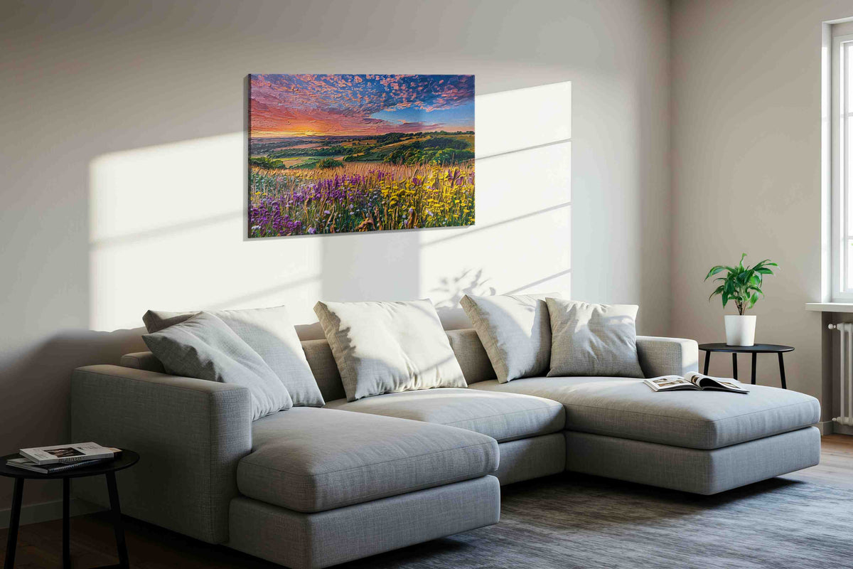 Petalfire Over the Vale canvas wall art displayed above a sofa in a styled living room scene