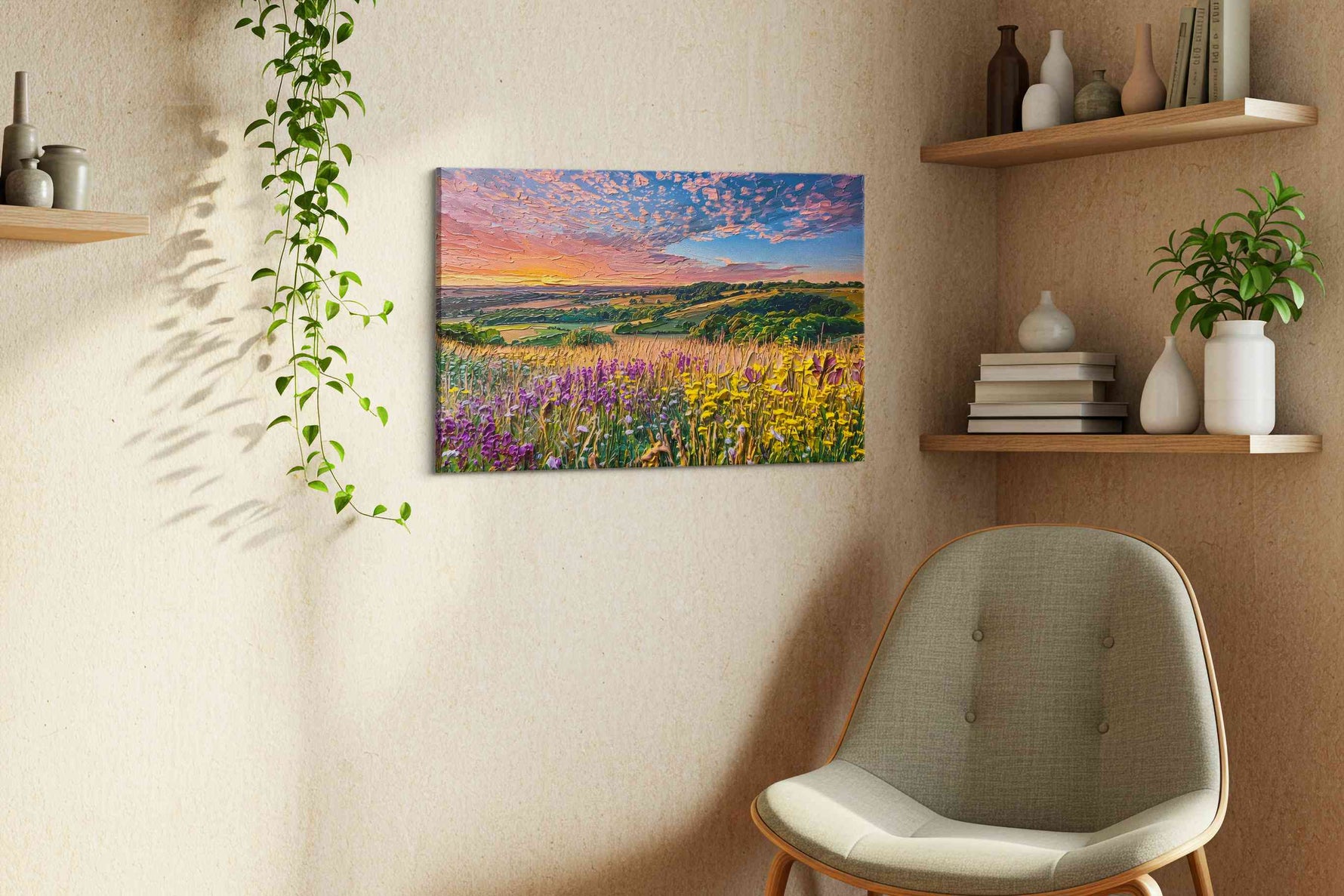 Petalfire Over the Vale canvas wall art styled in a living room