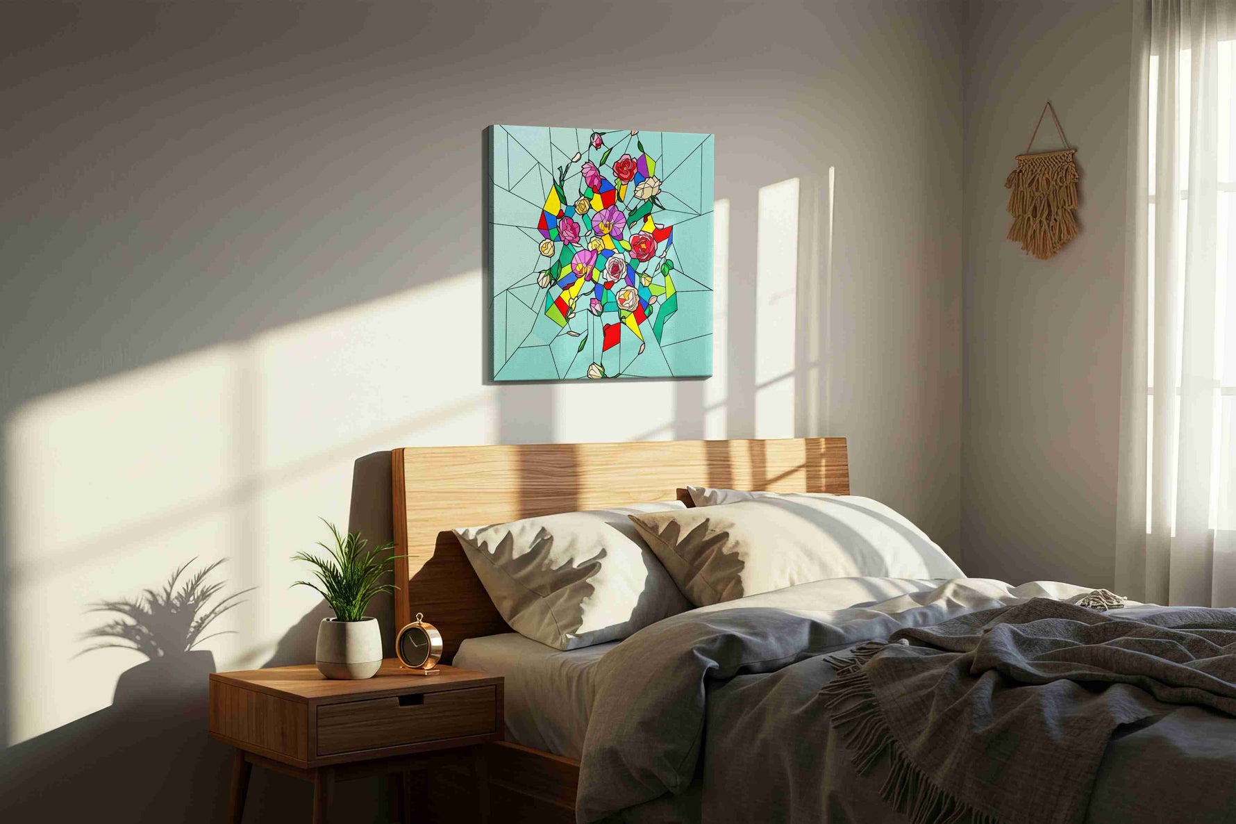 Prismatic Rose Reverie canvas wall art displayed above a bed in a styled bedroom scene