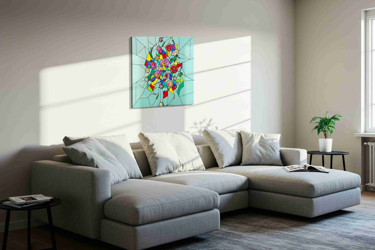 Prismatic Rose Reverie canvas wall art displayed above a sofa in a styled living room scene