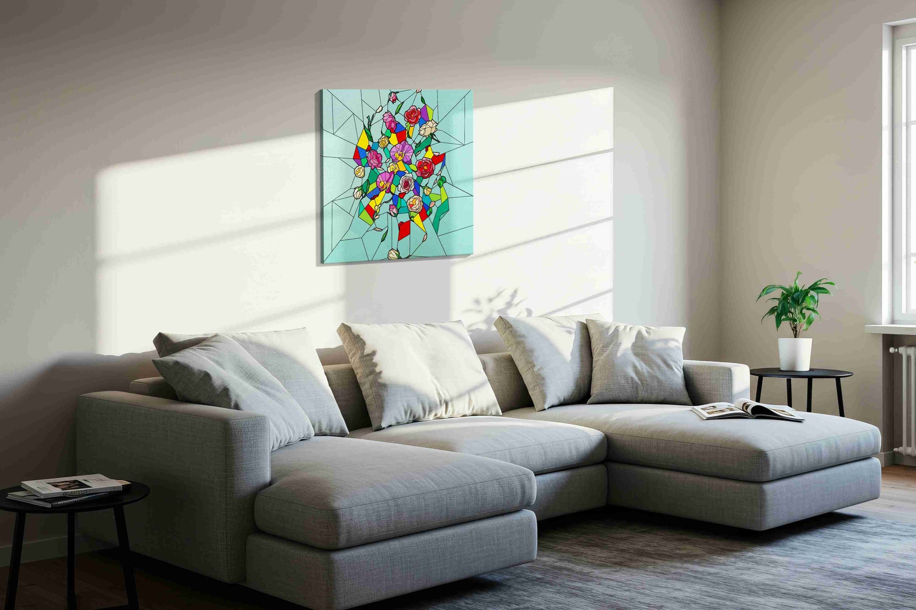 Prismatic Rose Reverie canvas wall art displayed above a sofa in a styled living room scene