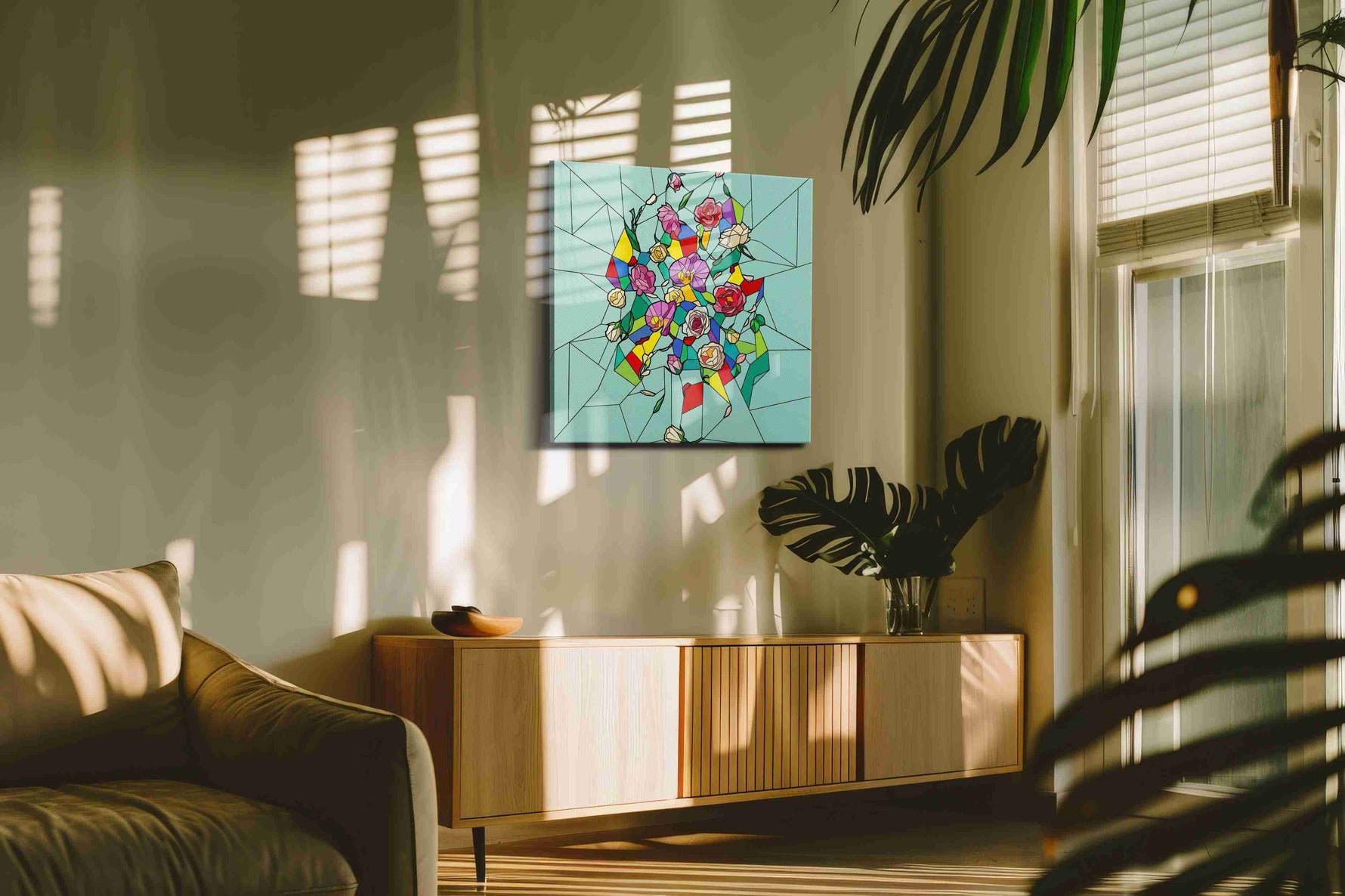 Prismatic Rose Reverie canvas wall art in a contemporary interior mockup