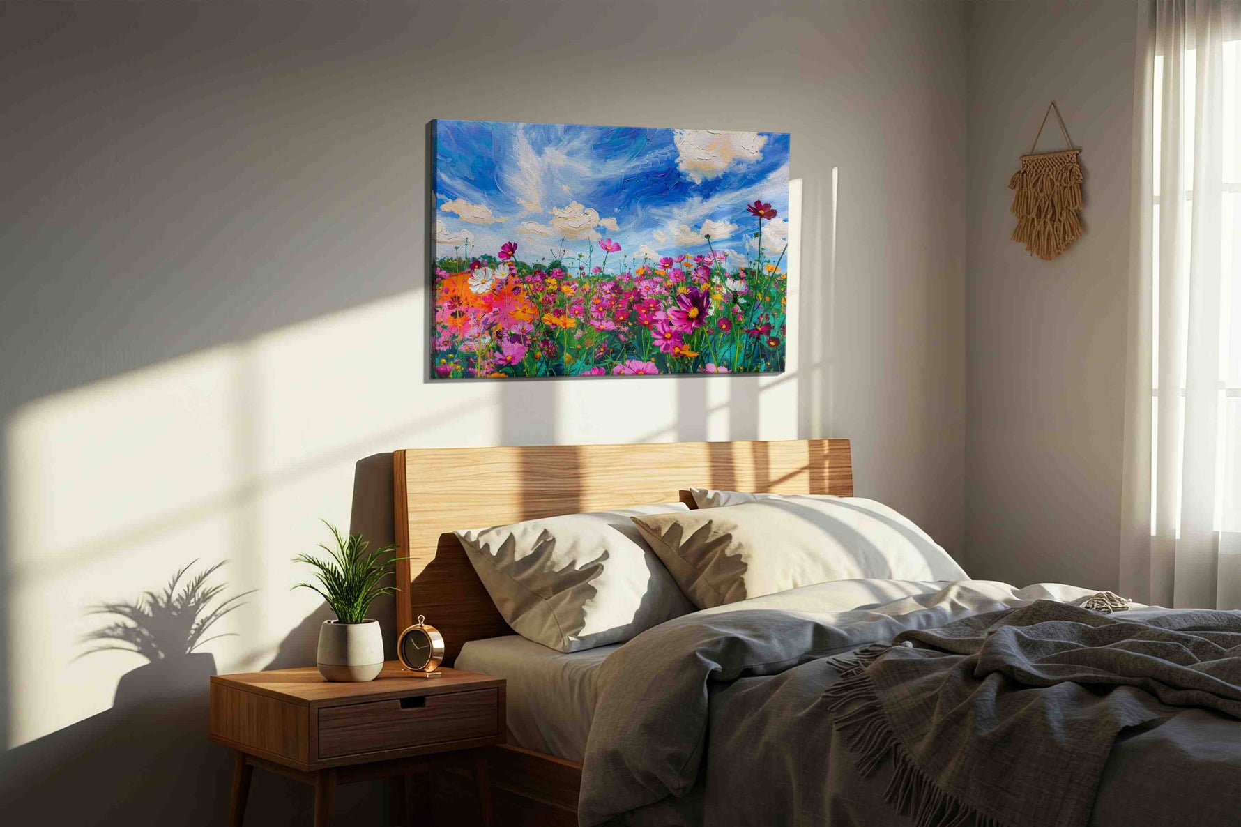 Skydance Over Cosmos Bloom canvas wall art displayed above a bed in a styled bedroom scene