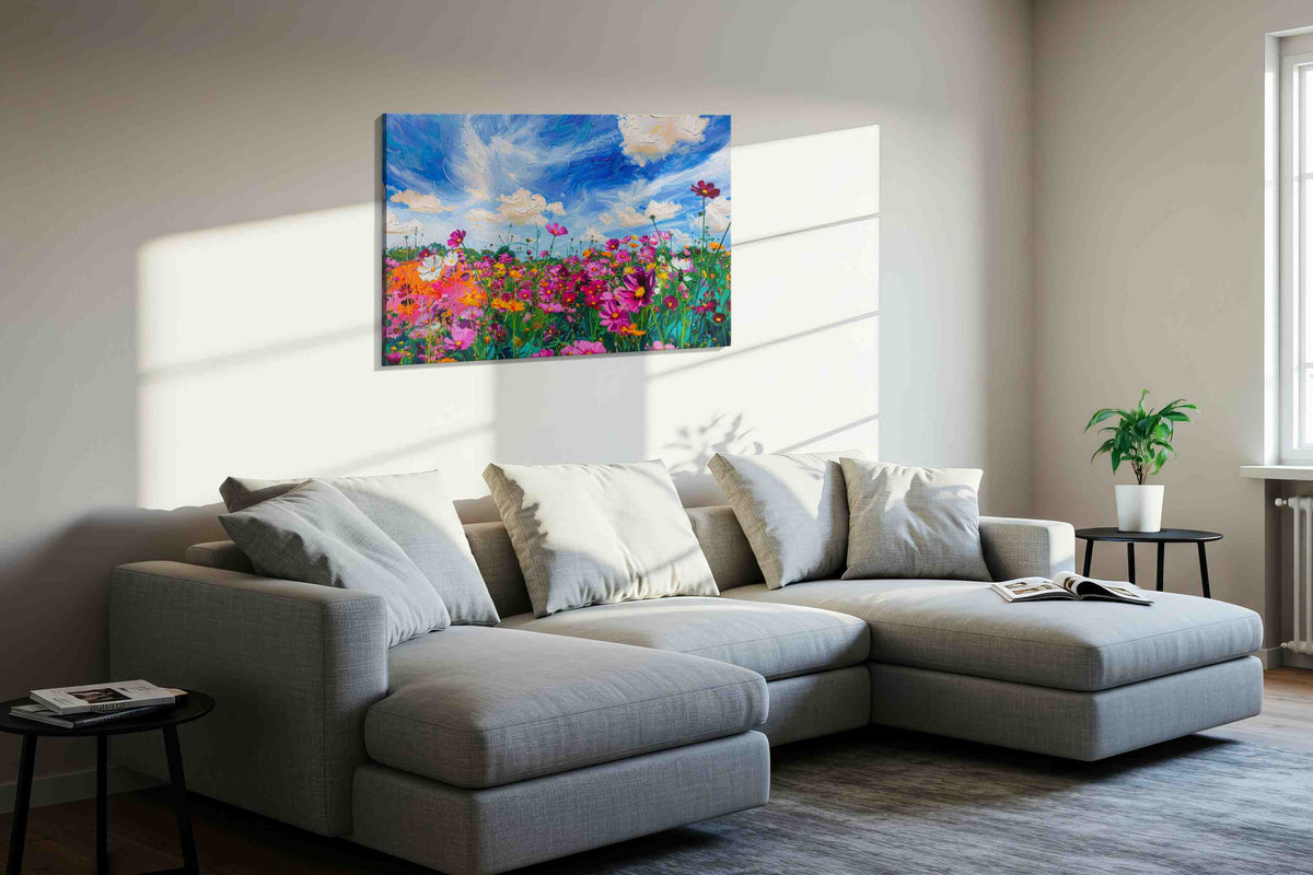 Skydance Over Cosmos Bloom canvas wall art displayed above a bed in a contemporary bedroom