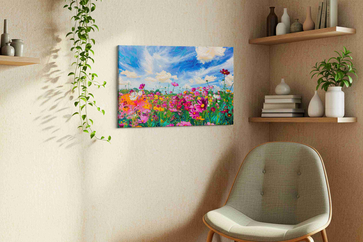 Skydance Over Cosmos Bloom canvas wall art styled in a living room