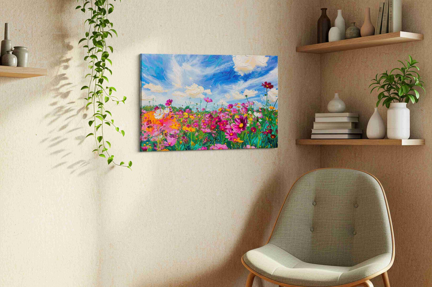 Skydance Over Cosmos Bloom canvas wall art styled in a living room