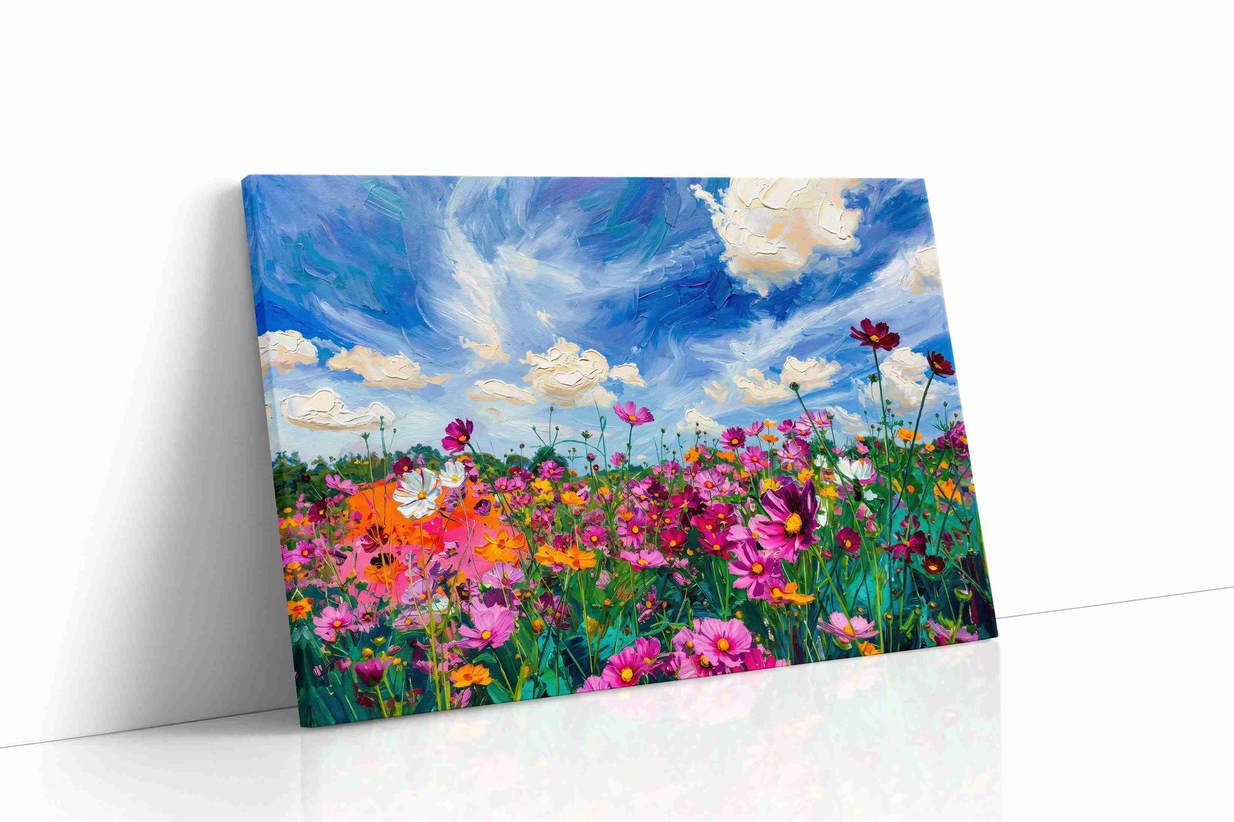 Skydance Over Cosmos Bloom canvas wall art displayed above a sofa in a modern living room