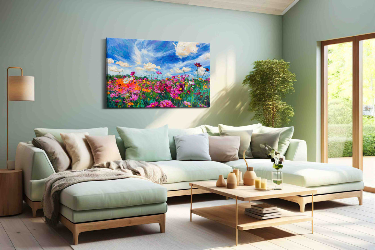 Skydance Over Cosmos Bloom canvas wall art shown in a wall scene