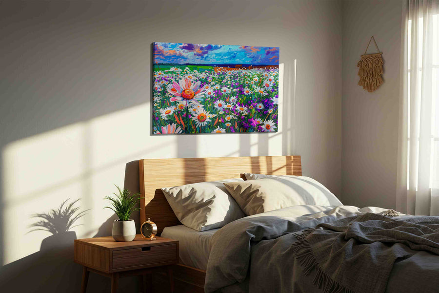 Stormlight Daisy Reverie canvas wall art displayed above a bed in a styled bedroom scene