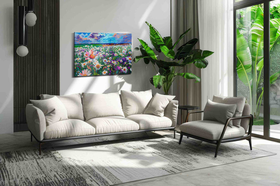 Stormlight Daisy Reverie canvas wall art shown hanging in a sleek modern interior