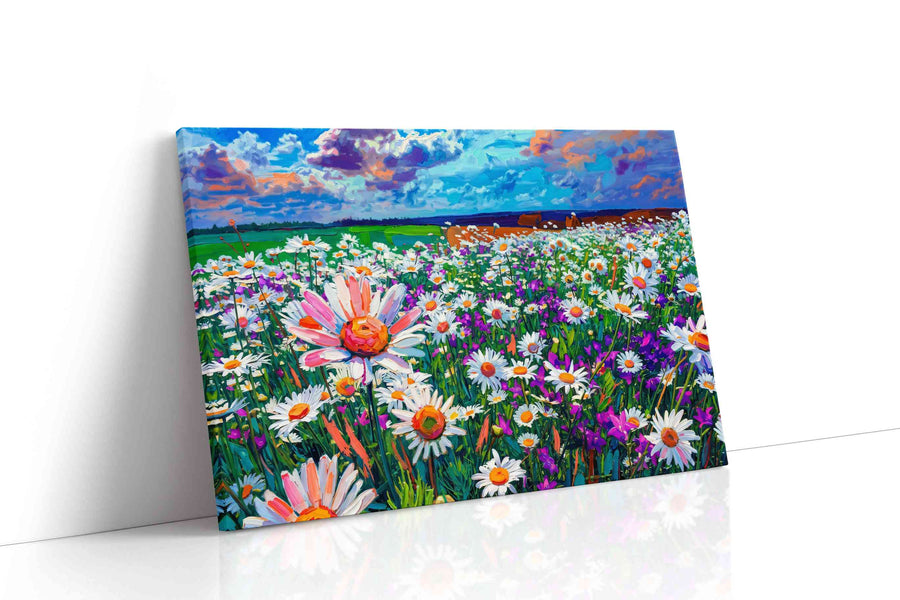 Stormlight Daisy Reverie canvas wall art displayed above a sofa in a modern living room