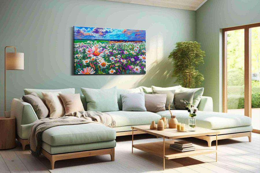 Stormlight Daisy Reverie canvas wall art displayed above a bed in a contemporary bedroom