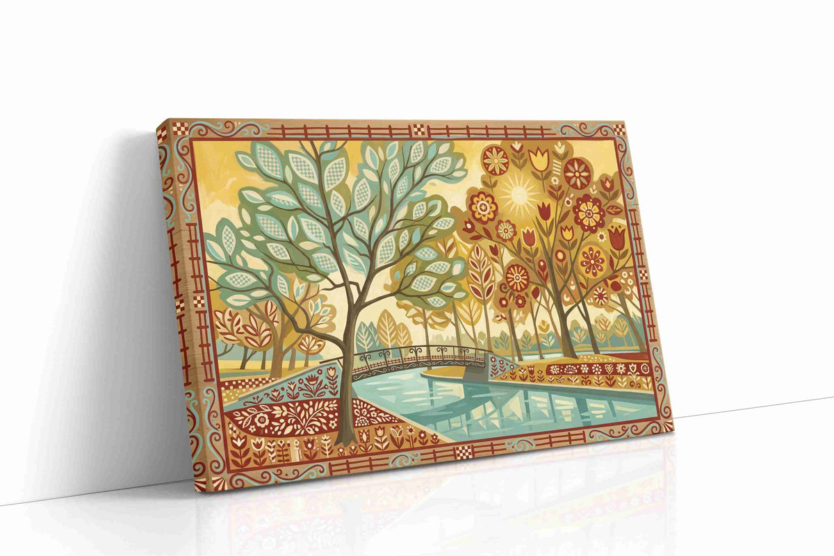 Sunlit Folk Garden Reverie canvas wall art gallery-wrapped landscape canvas studio shot