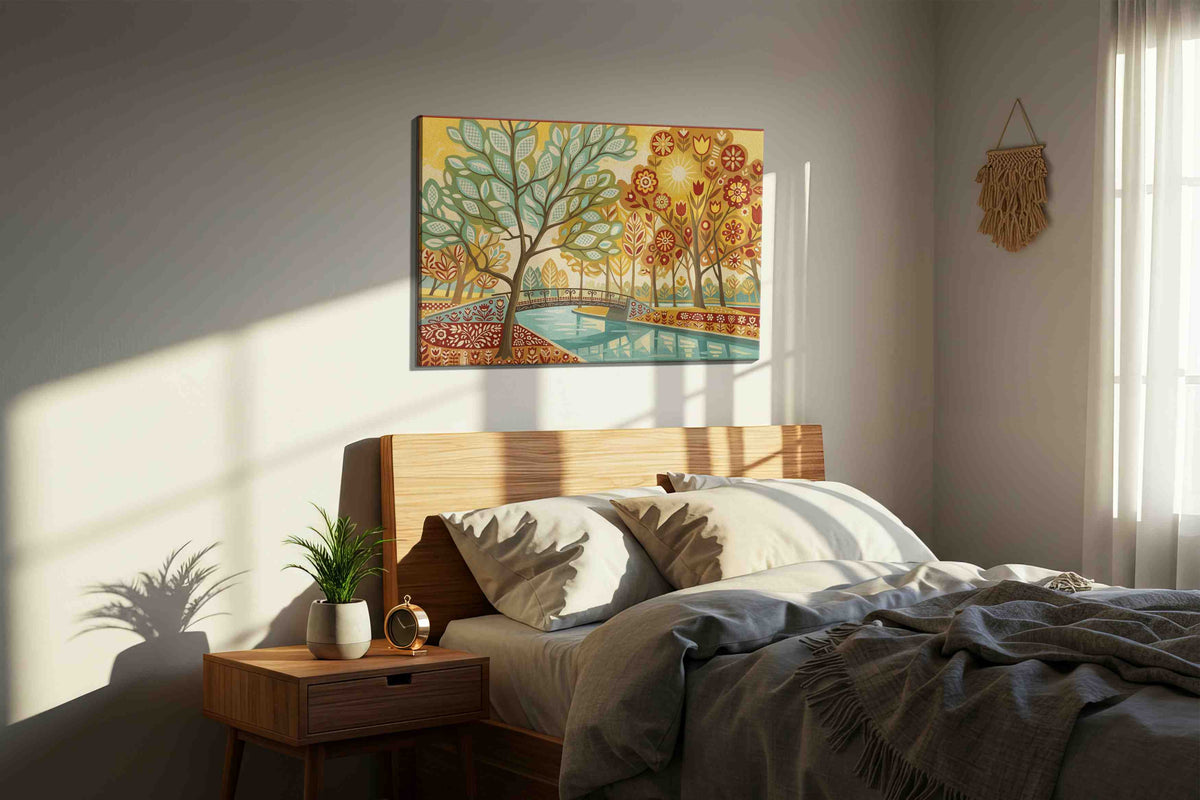 Sunlit Folk Garden Reverie canvas wall art displayed above a bed in a styled bedroom scene